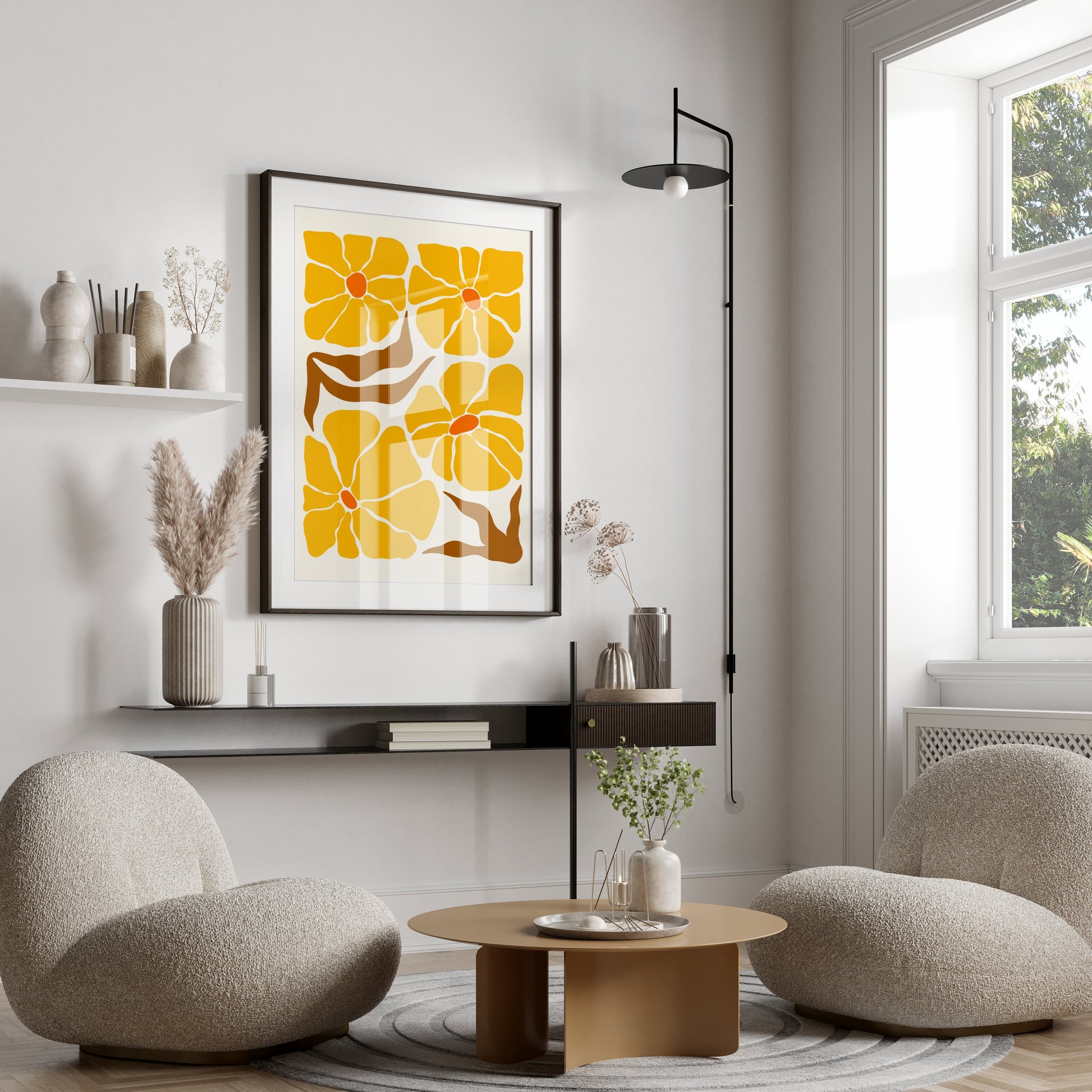 Premium Poster of Bold Vibrant Yellow Floral Art Modern Design Posters