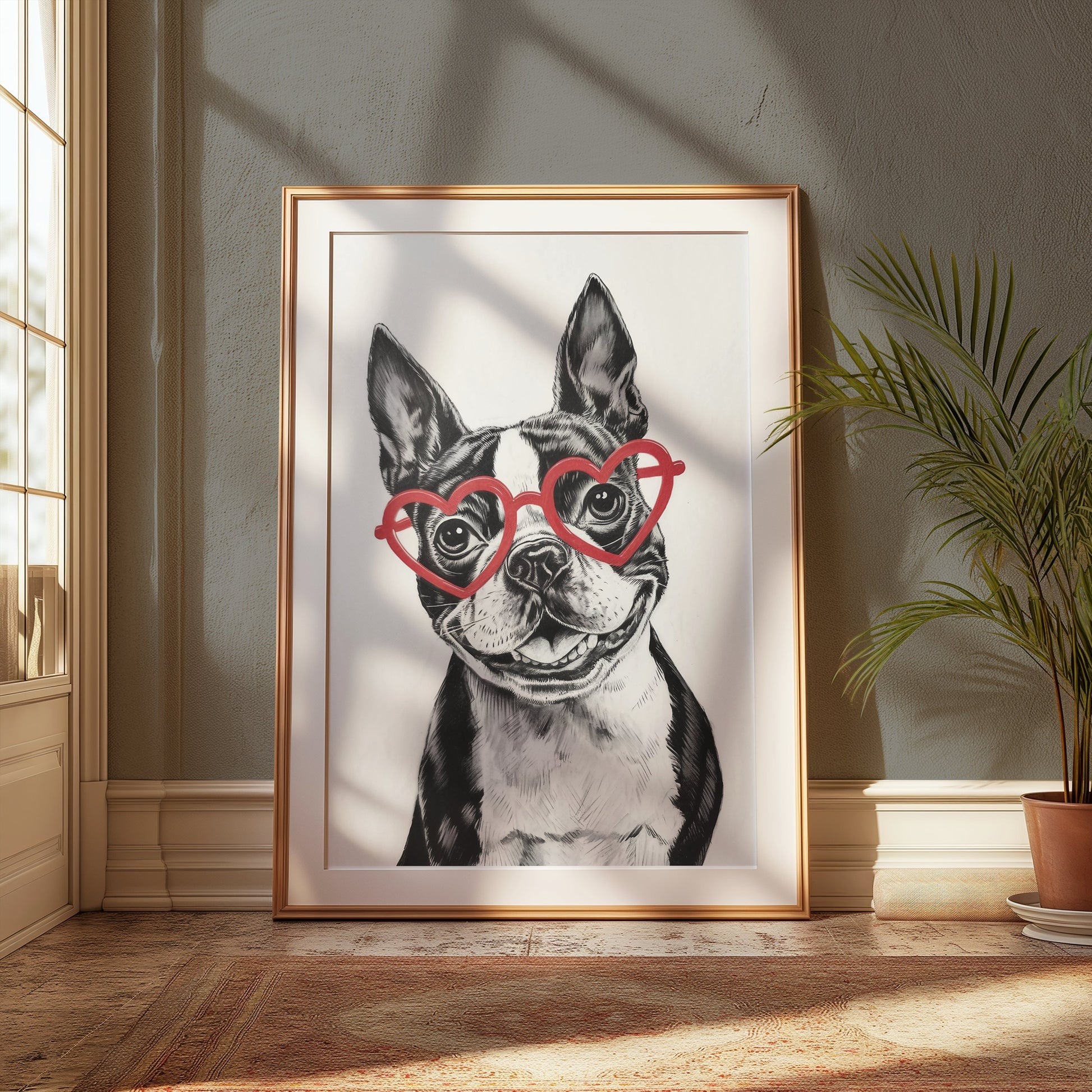 Premium Poster of Boston Terrier with Heart Shaped Glasses Posters