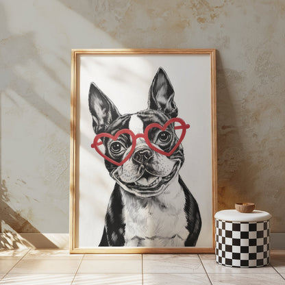 Premium Poster of Boston Terrier with Heart Shaped Glasses Posters