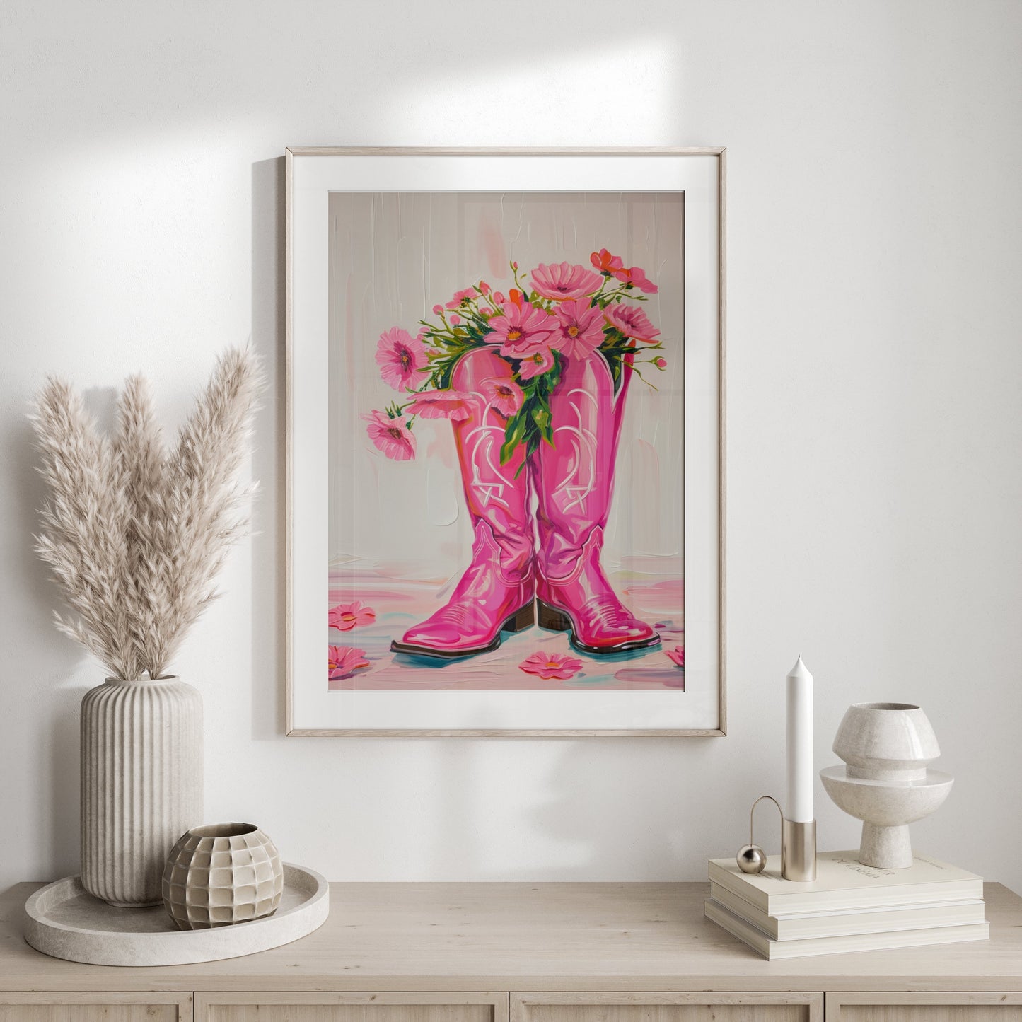 Premium Poster of Bright Pink Boots with Flowers Decorative Posters