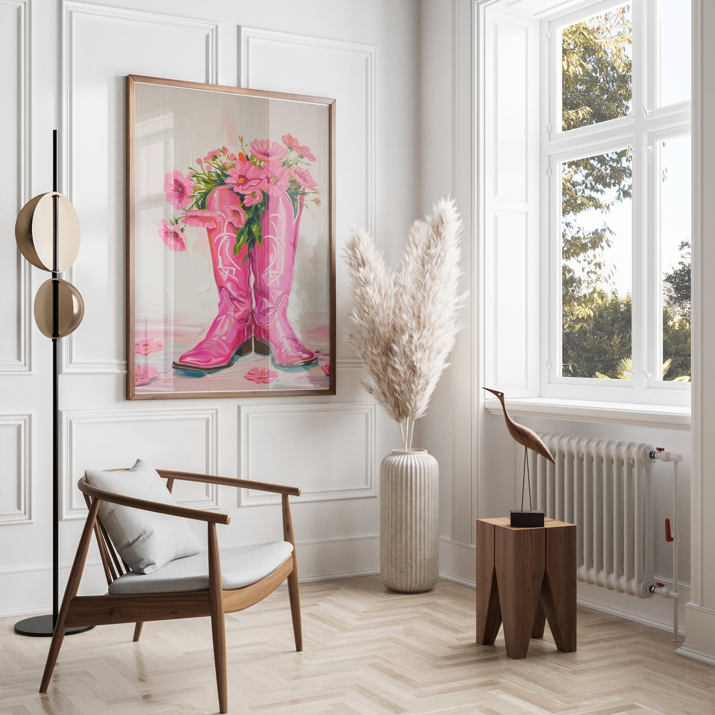 Premium Poster of Bright Pink Boots with Flowers Decorative Posters