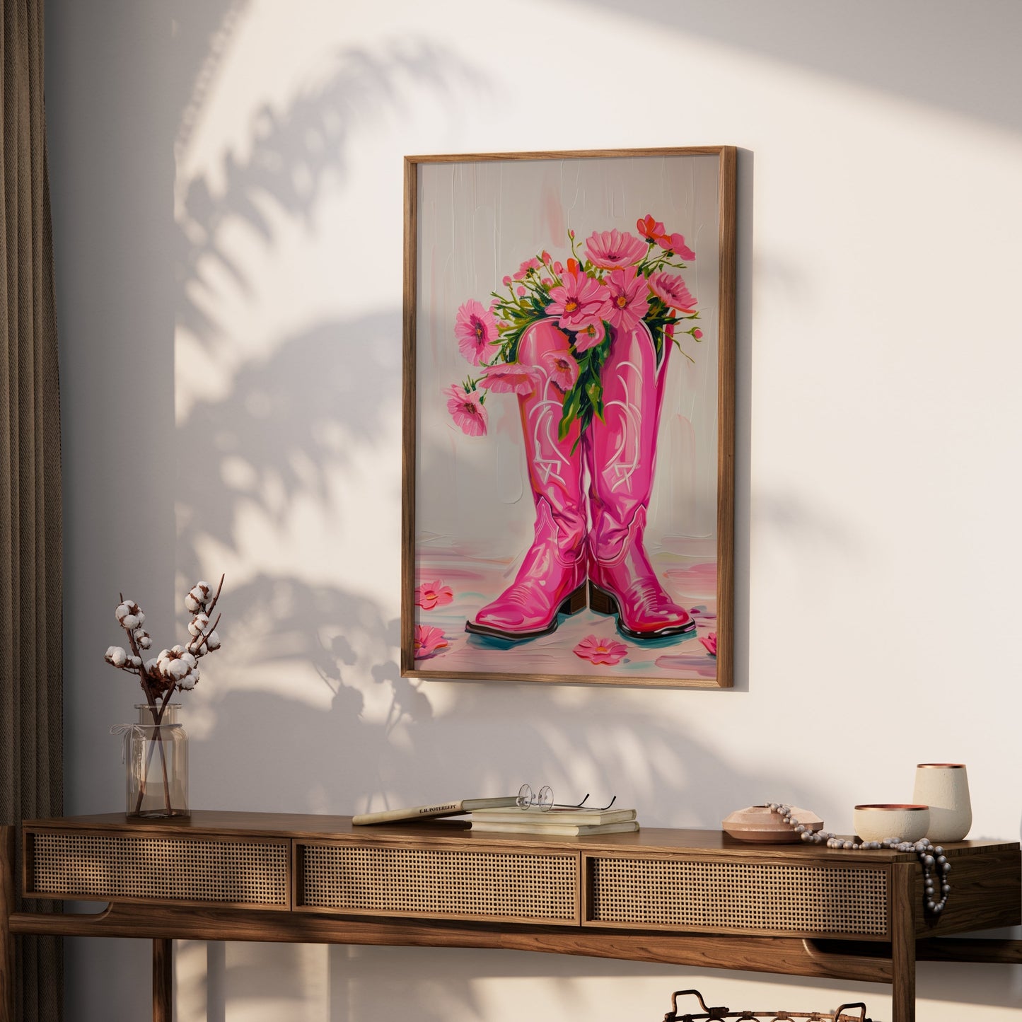 Premium Poster of Bright Pink Boots with Flowers Decorative Posters