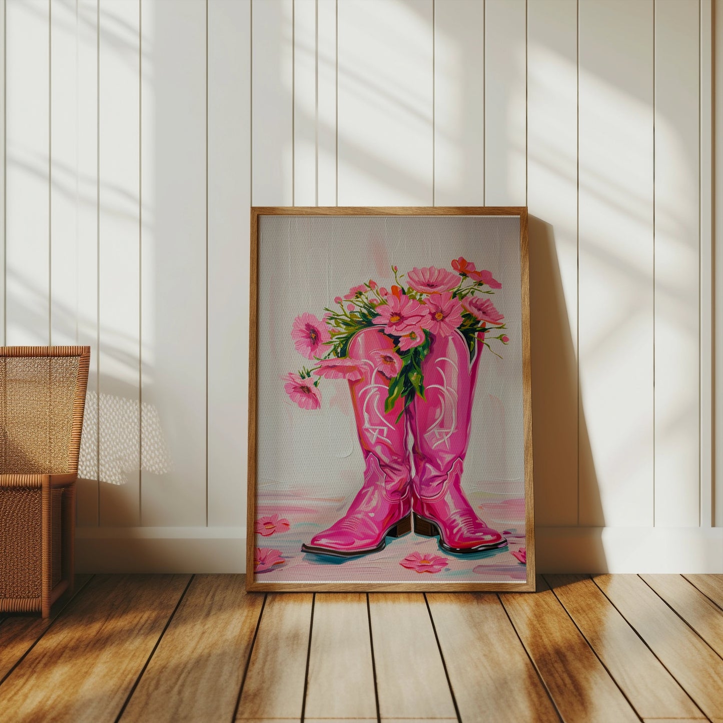 Premium Poster of Bright Pink Boots with Flowers Decorative Posters