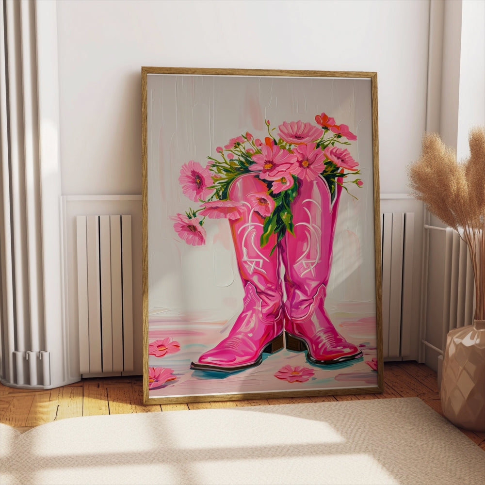 Premium Poster of Bright Pink Boots with Flowers Decorative Posters