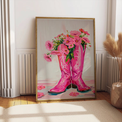 Premium Poster of Bright Pink Boots with Flowers Decorative Posters