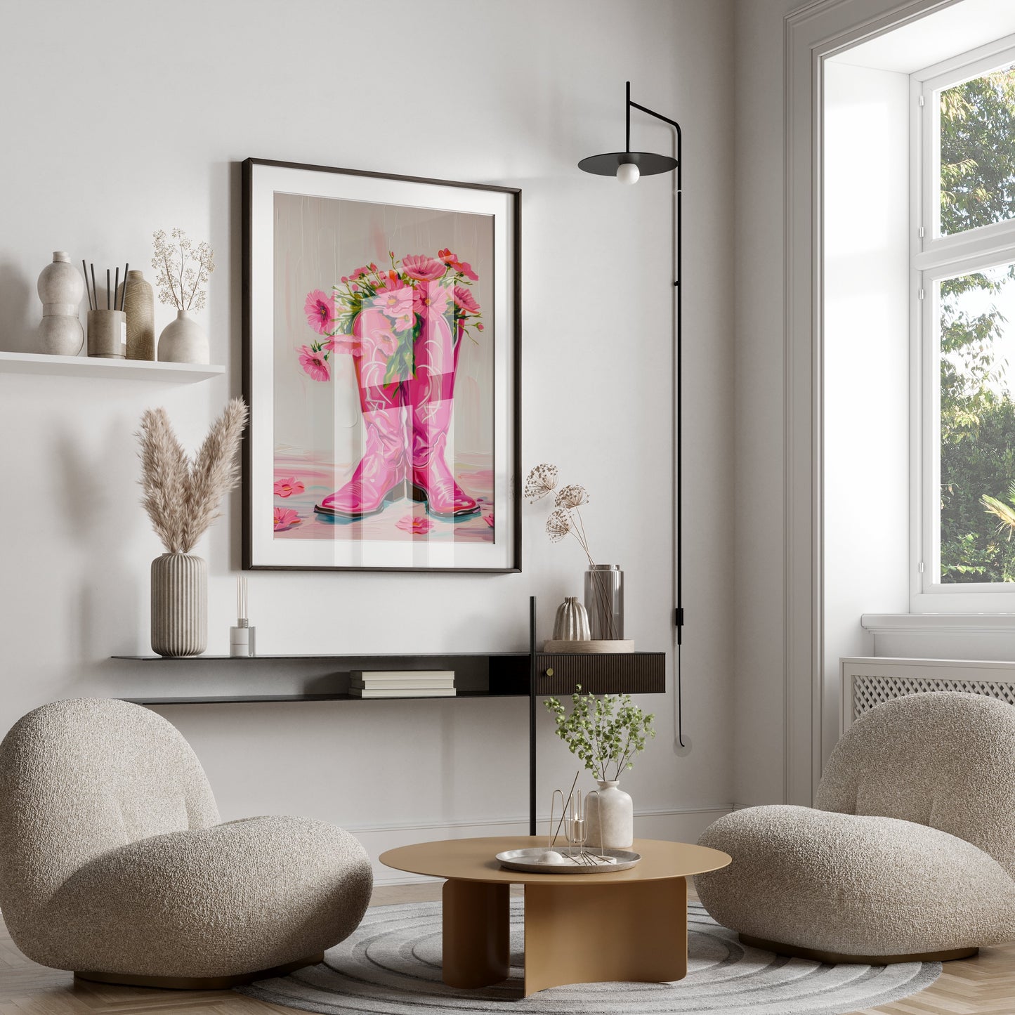 Premium Poster of Bright Pink Boots with Flowers Decorative Posters