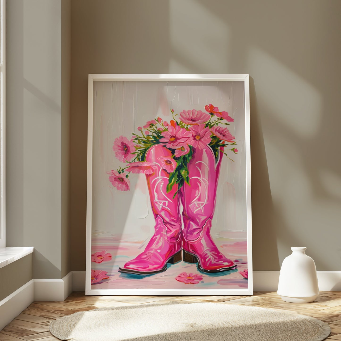 Premium Poster of Bright Pink Boots with Flowers Decorative Posters