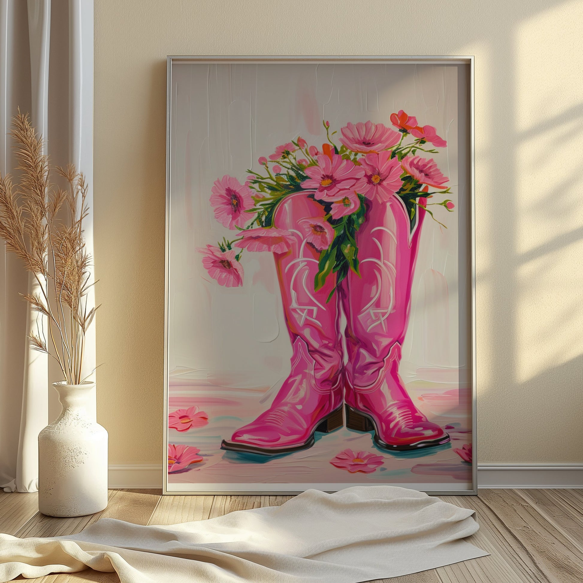 Premium Poster of Bright Pink Boots with Flowers Decorative Posters