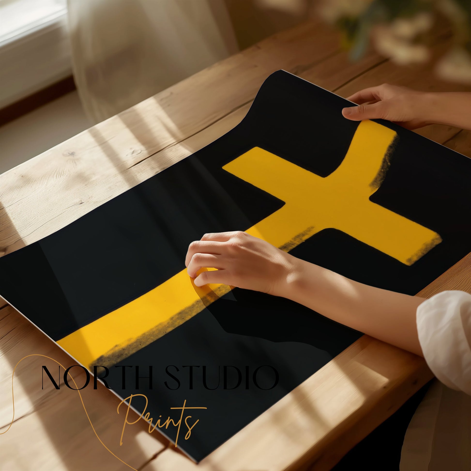 Premium Poster of Bright Yellow Cross on Black Background Art Posters