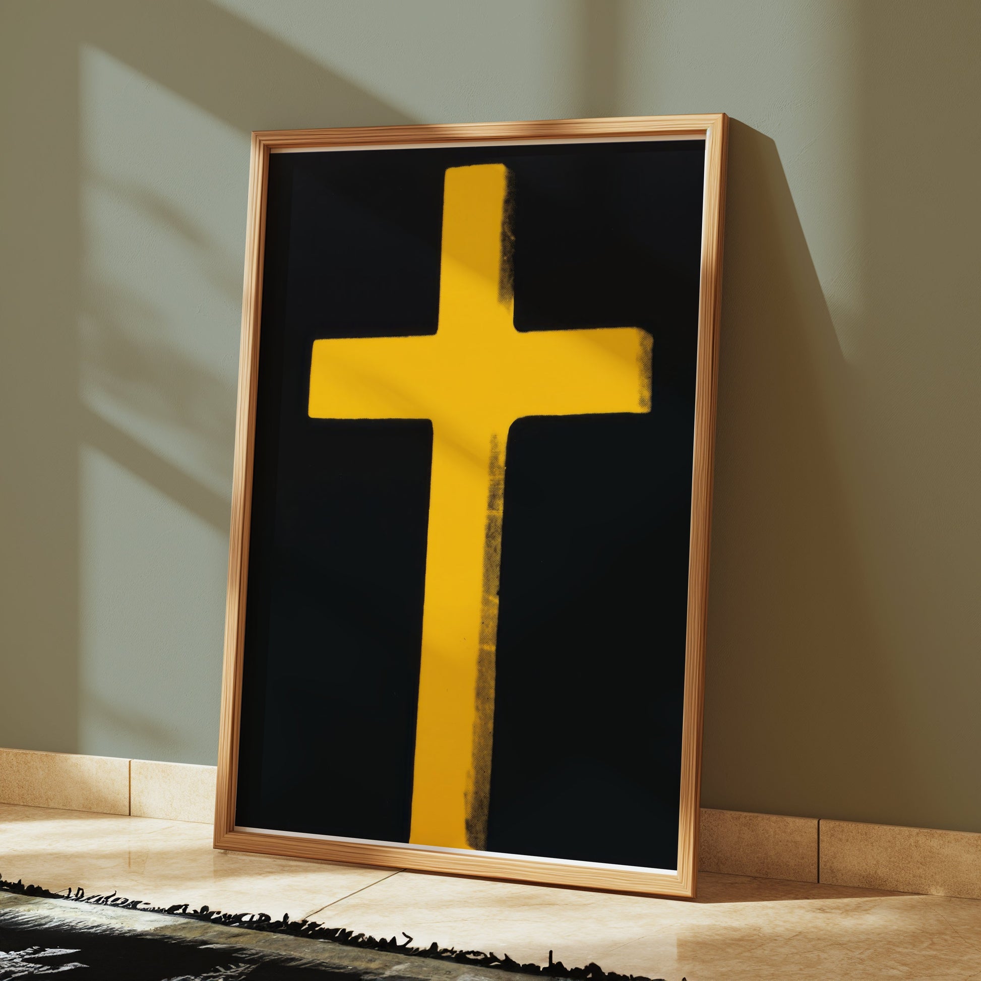 Premium Poster of Bright Yellow Cross on Black Background Art Posters