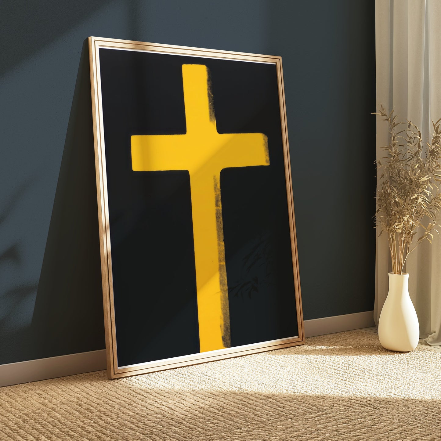 Premium Poster of Bright Yellow Cross on Black Background Art Posters