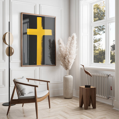 Premium Poster of Bright Yellow Cross on Black Background Art Posters
