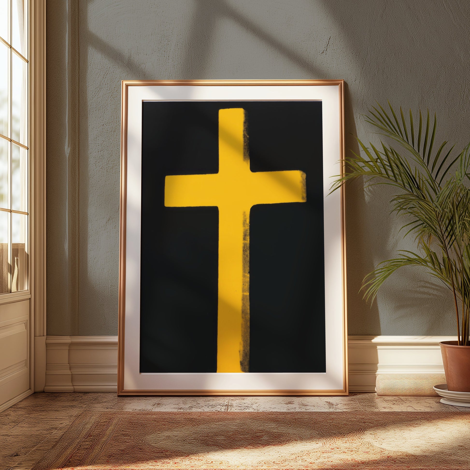 Premium Poster of Bright Yellow Cross on Black Background Art Posters