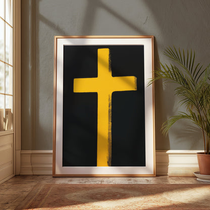 Premium Poster of Bright Yellow Cross on Black Background Art Posters