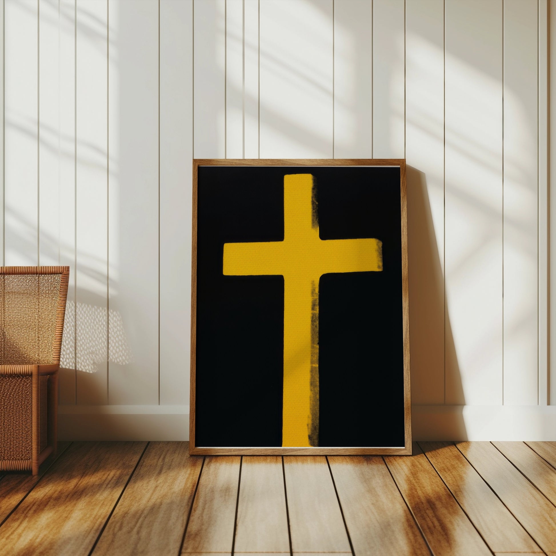 Premium Poster of Bright Yellow Cross on Black Background Art Posters