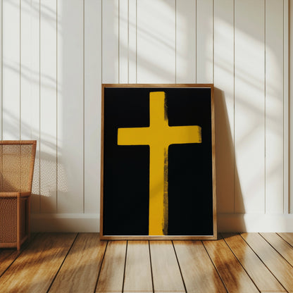 Premium Poster of Bright Yellow Cross on Black Background Art Posters