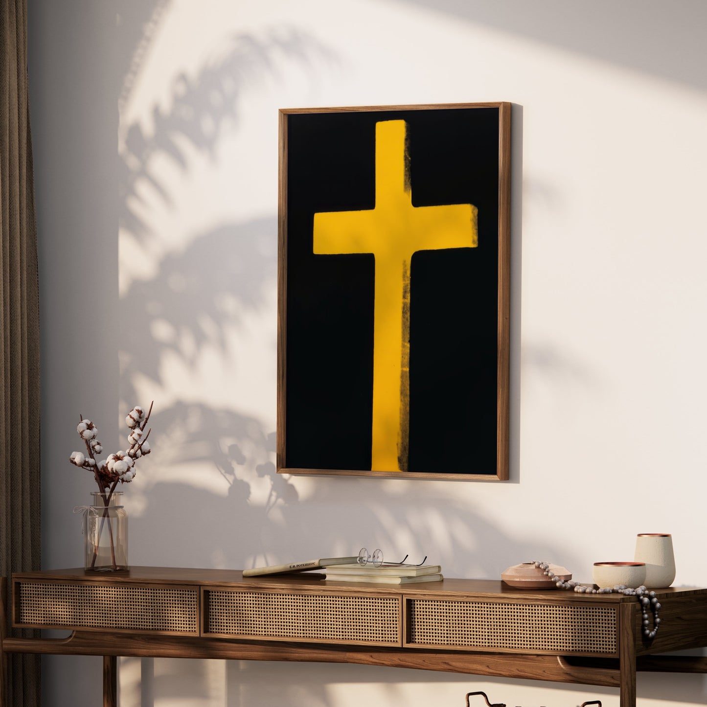 Premium Poster of Bright Yellow Cross on Black Background Art Posters