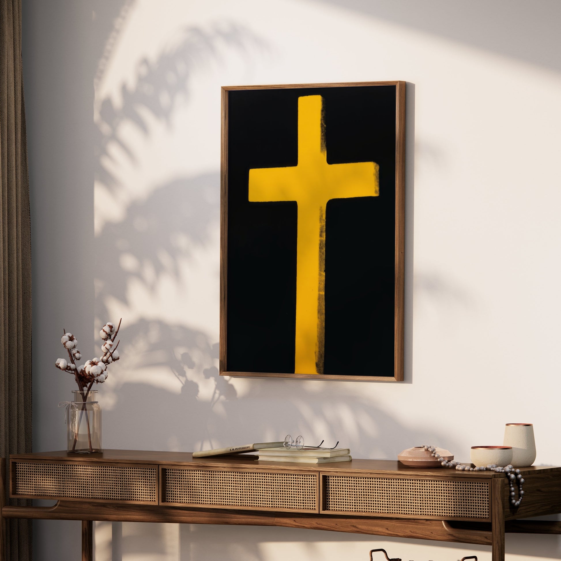 Premium Poster of Bright Yellow Cross on Black Background Art Posters