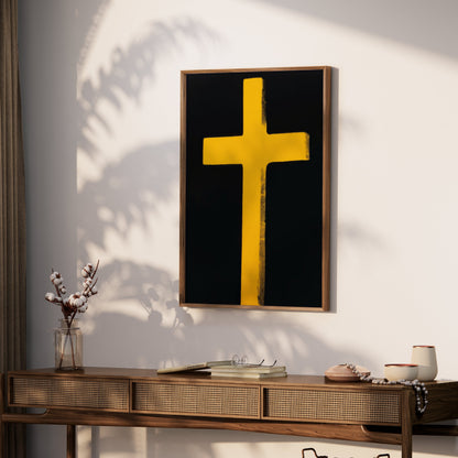 Premium Poster of Bright Yellow Cross on Black Background Art Posters