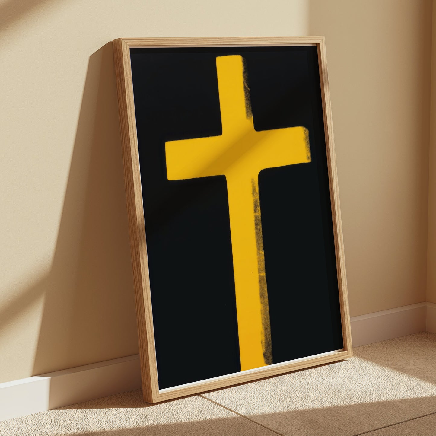Premium Poster of Bright Yellow Cross on Black Background Art Posters