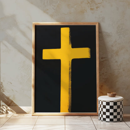 Premium Poster of Bright Yellow Cross on Black Background Art Posters
