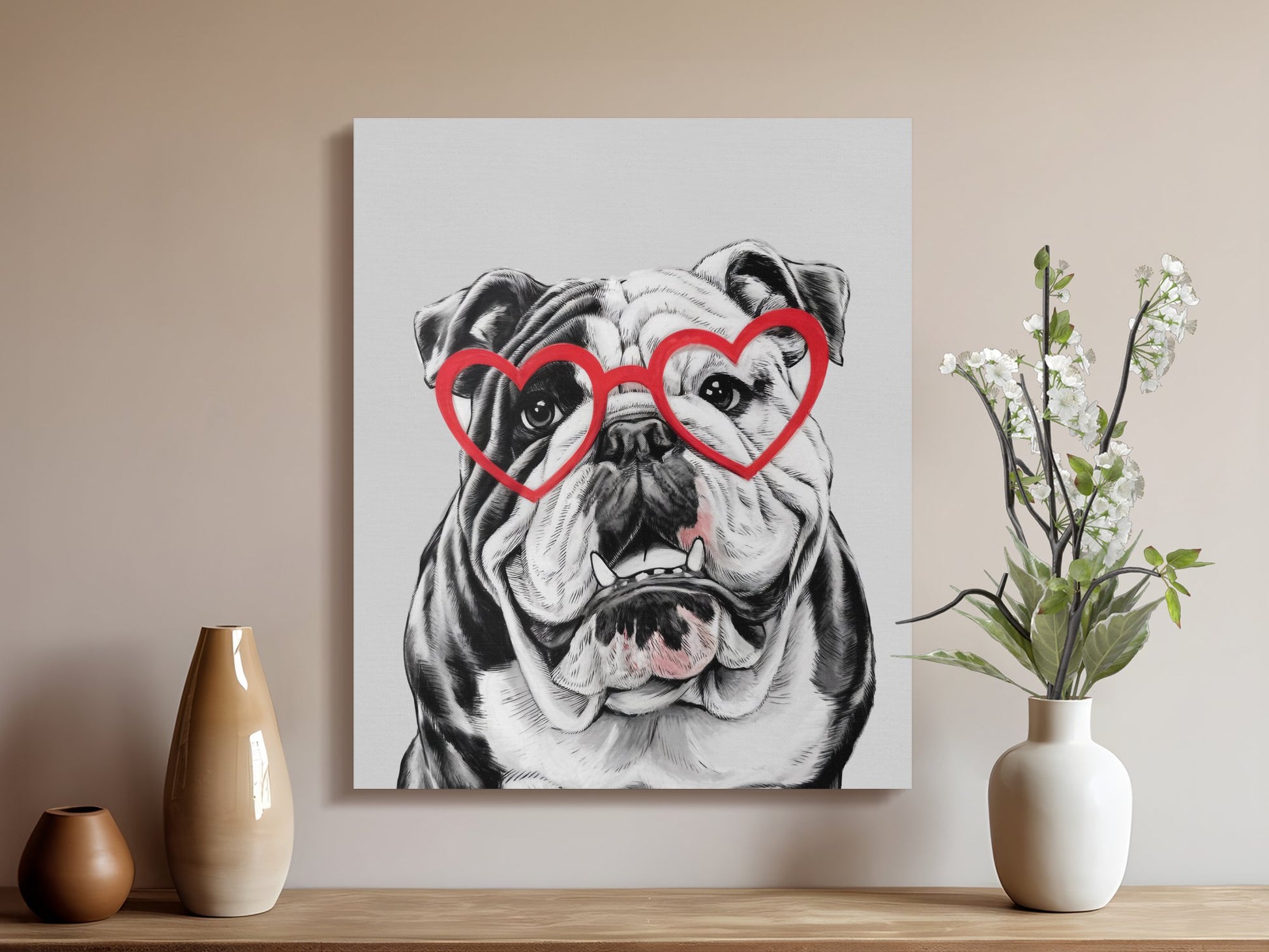 Premium Poster of Bulldog Sketch with Red Heart Glasses Canvas Wraps