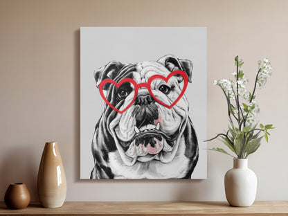 Premium Poster of Bulldog Sketch with Red Heart Glasses Canvas Wraps