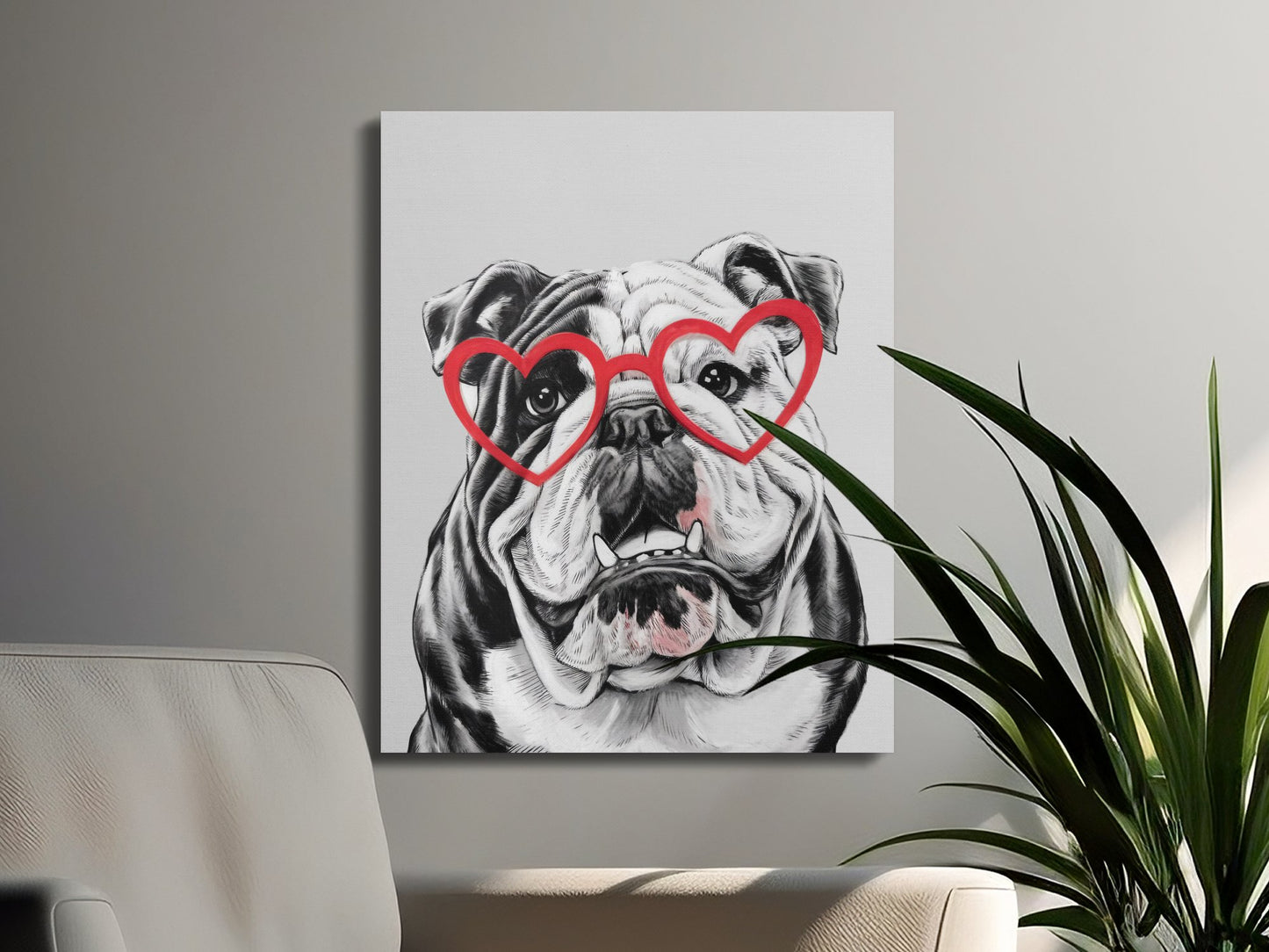Premium Poster of Bulldog Sketch with Red Heart Glasses Canvas Wraps