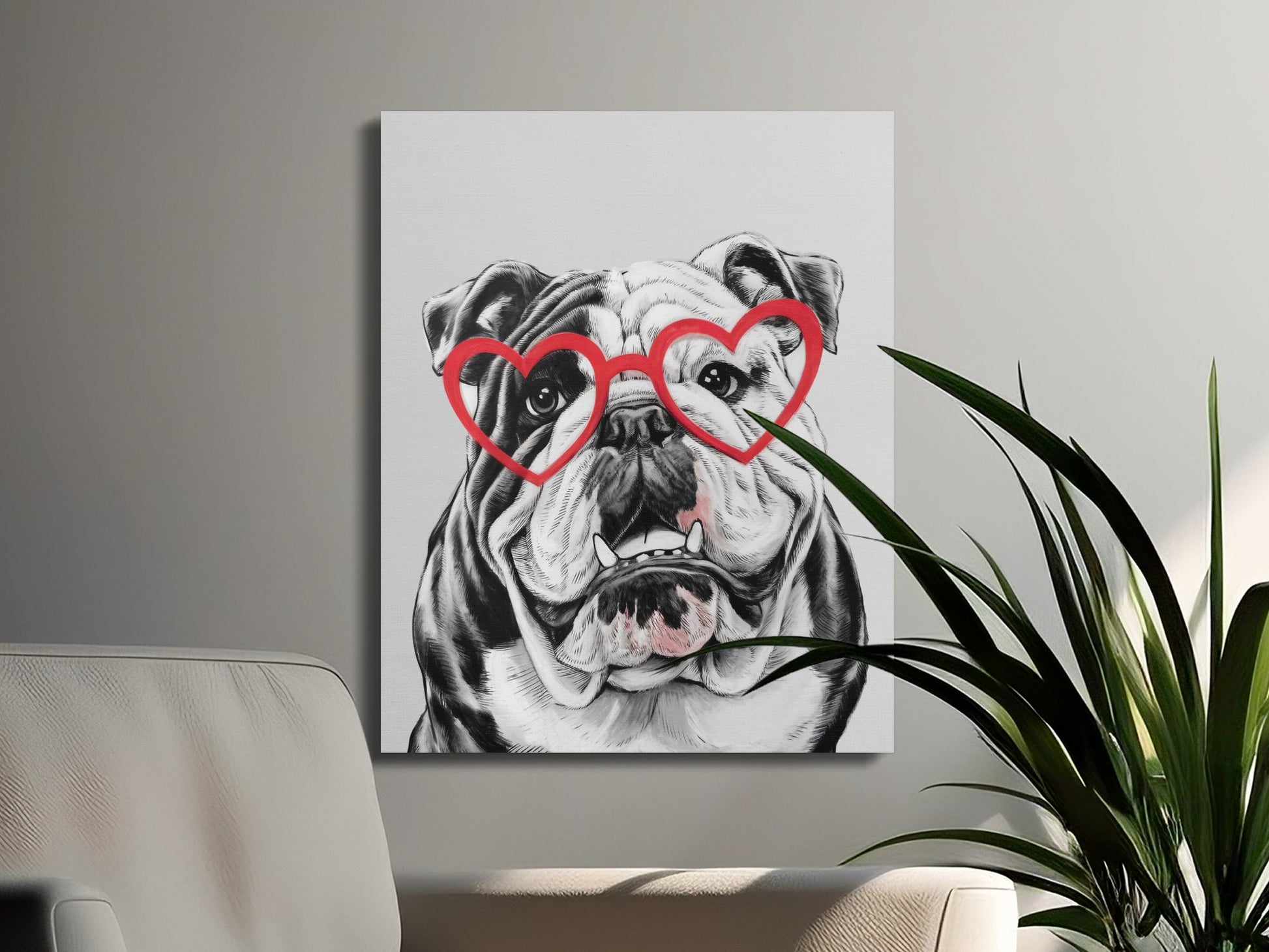 Premium Poster of Bulldog Sketch with Red Heart Glasses Canvas Wraps