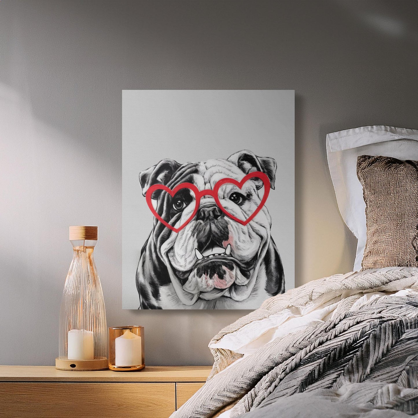 Premium Poster of Bulldog Sketch with Red Heart Glasses Canvas Wraps