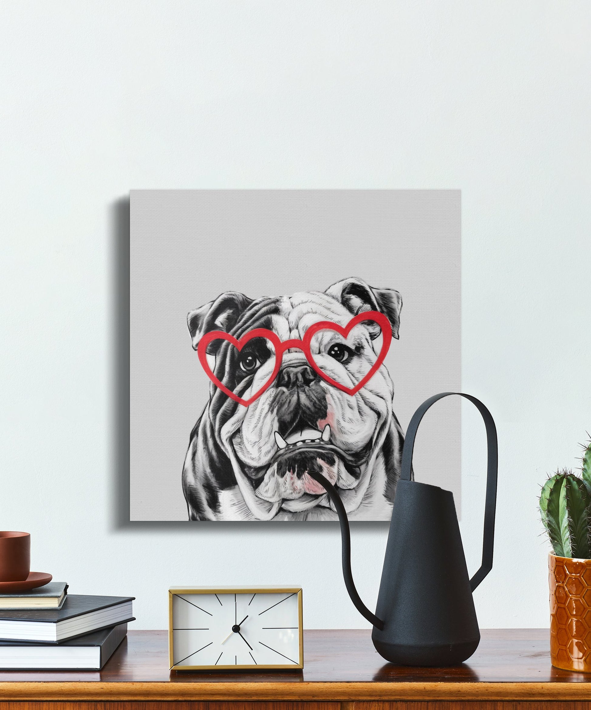 Premium Poster of Bulldog Sketch with Red Heart Glasses Canvas Wraps