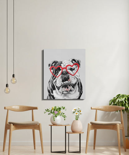 Premium Poster of Bulldog Sketch with Red Heart Glasses Canvas Wraps