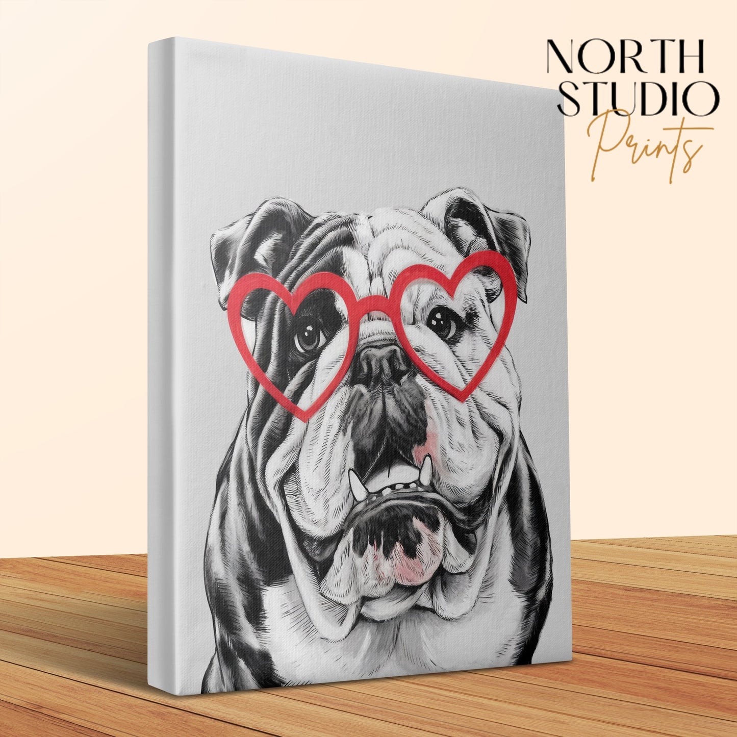 Premium Poster of Bulldog Sketch with Red Heart Glasses Canvas Wraps