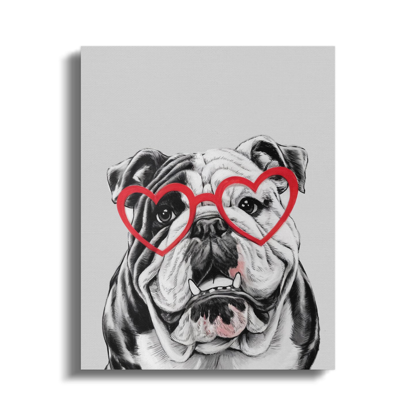 Premium Poster of Bulldog Sketch with Red Heart Glasses Canvas Wraps