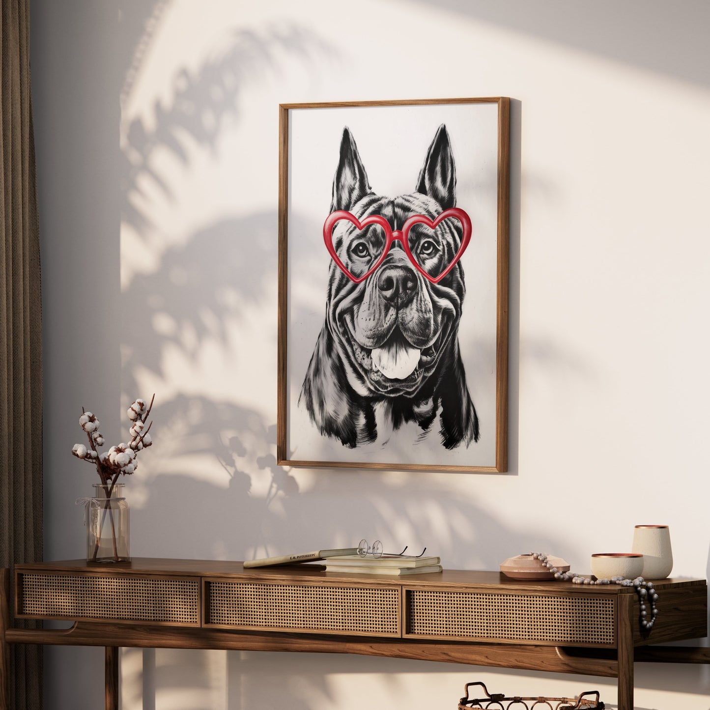 Premium Poster of Bulldog With Red Heart Shaped Glasses Wall Art Posters