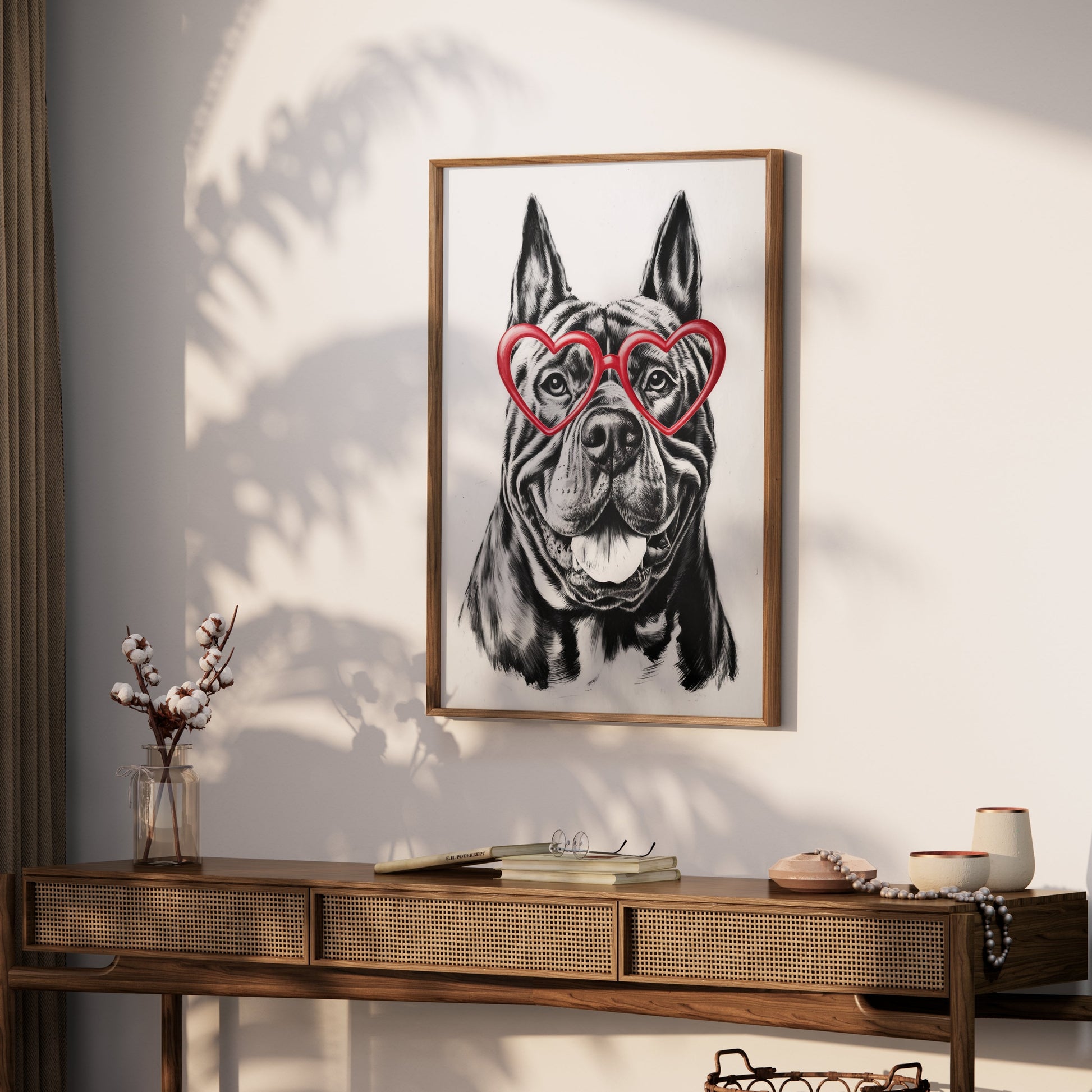 Premium Poster of Bulldog With Red Heart Shaped Glasses Wall Art Posters