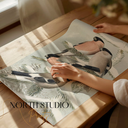 Premium Poster of Bullfinch Birds on Snowy Pine Tree Branch Posters