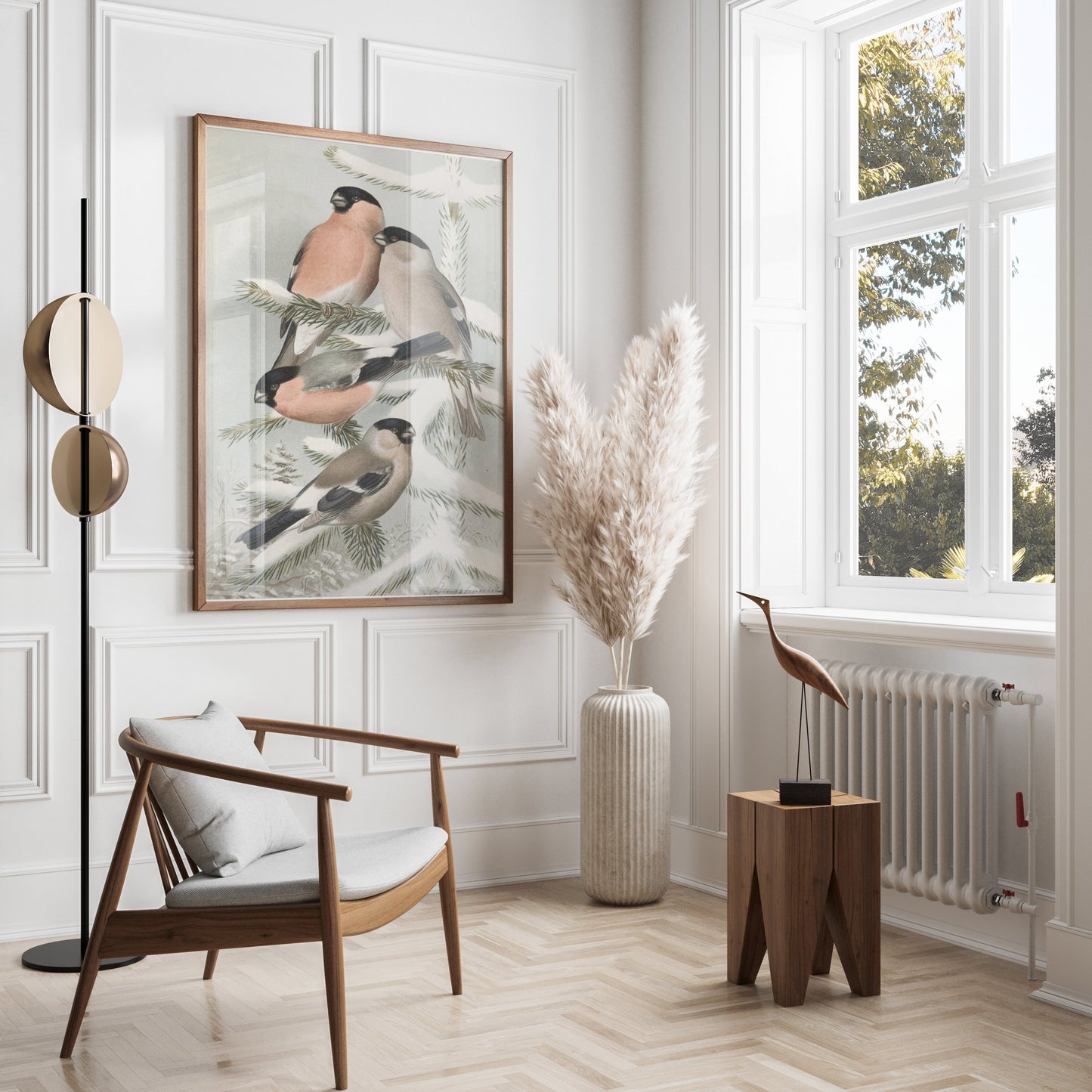 Premium Poster of Bullfinch Birds on Snowy Pine Tree Branch Posters