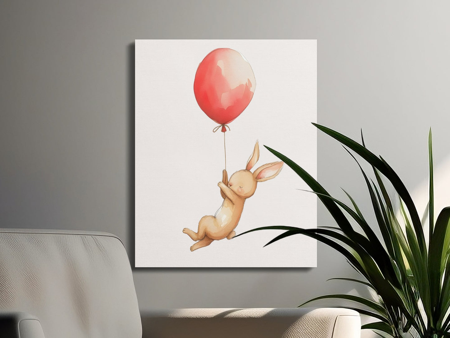 Premium Poster of Bunny Holding Red Balloon Nursery Wall Art Canvas Wraps