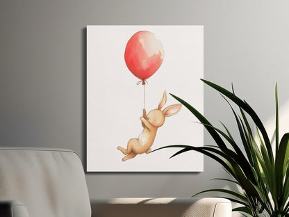 Premium Poster of Bunny Holding Red Balloon Nursery Wall Art Canvas Wraps