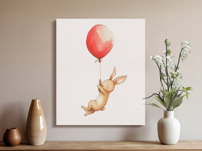 Premium Poster of Bunny Holding Red Balloon Nursery Wall Art Canvas Wraps