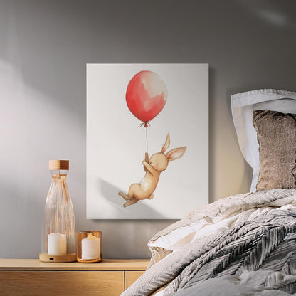 Premium Poster of Bunny Holding Red Balloon Nursery Wall Art Canvas Wraps
