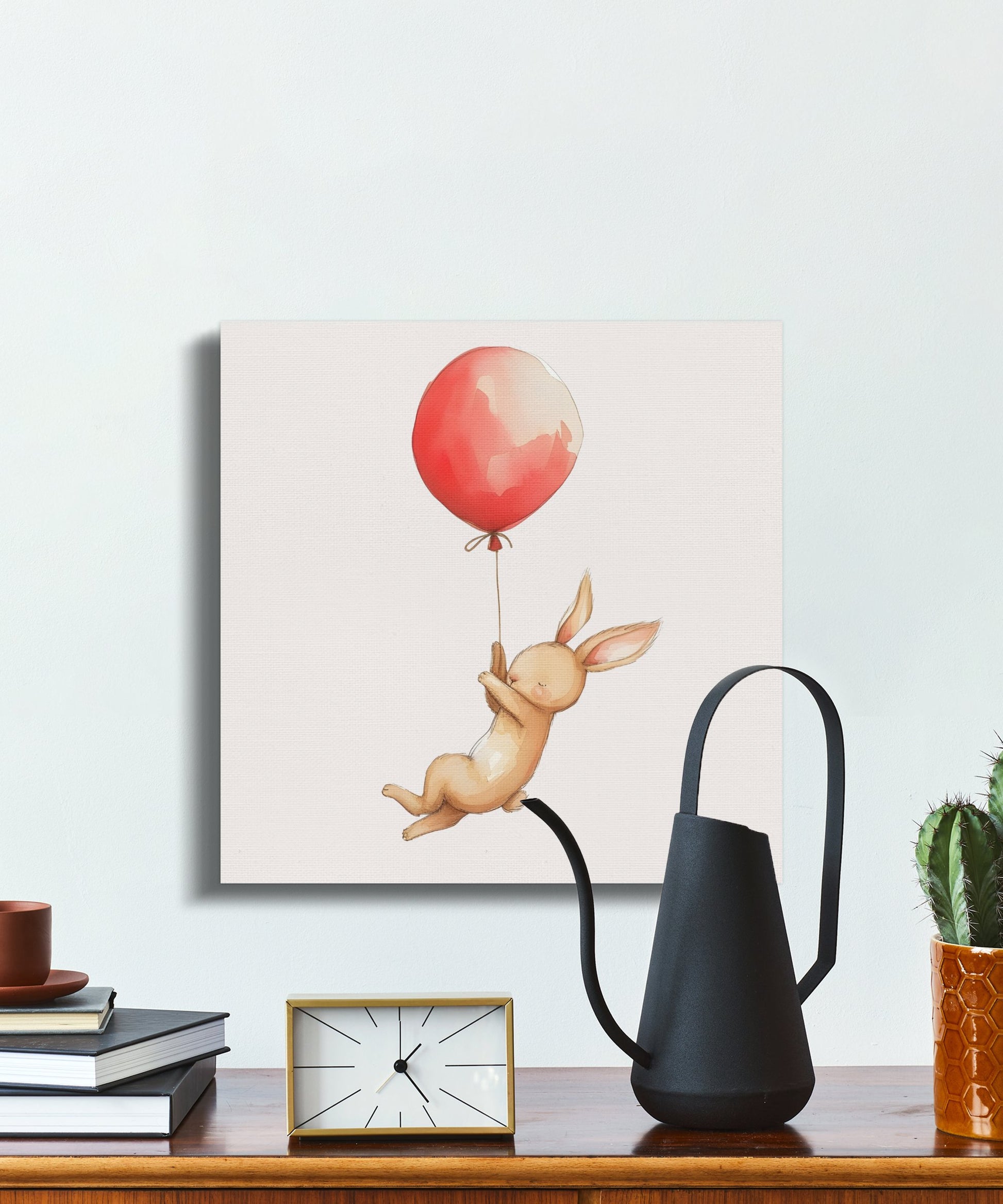 Premium Poster of Bunny Holding Red Balloon Nursery Wall Art Canvas Wraps