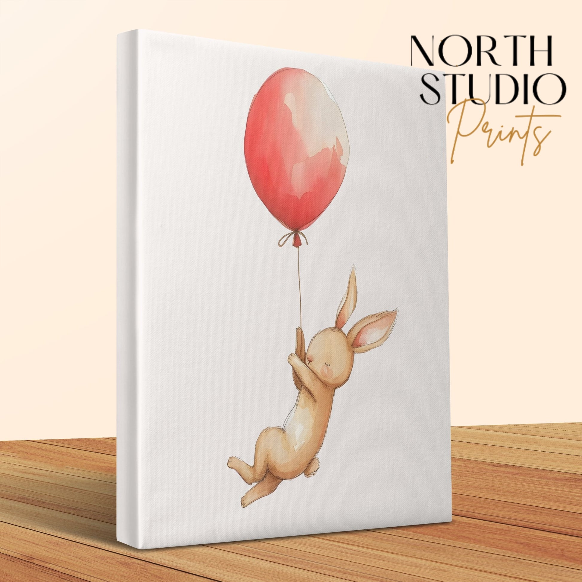 Premium Poster of Bunny Holding Red Balloon Nursery Wall Art Canvas Wraps