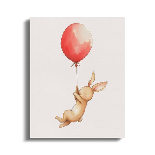 Premium Poster of Bunny Holding Red Balloon Nursery Wall Art Canvas Wraps