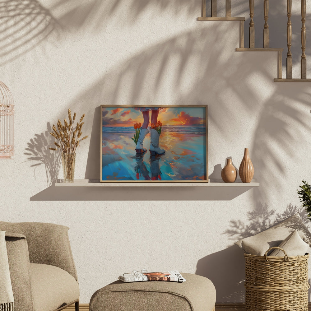 Premium Poster of Captivating Sunset Reflection with Tulips in Boots Posters