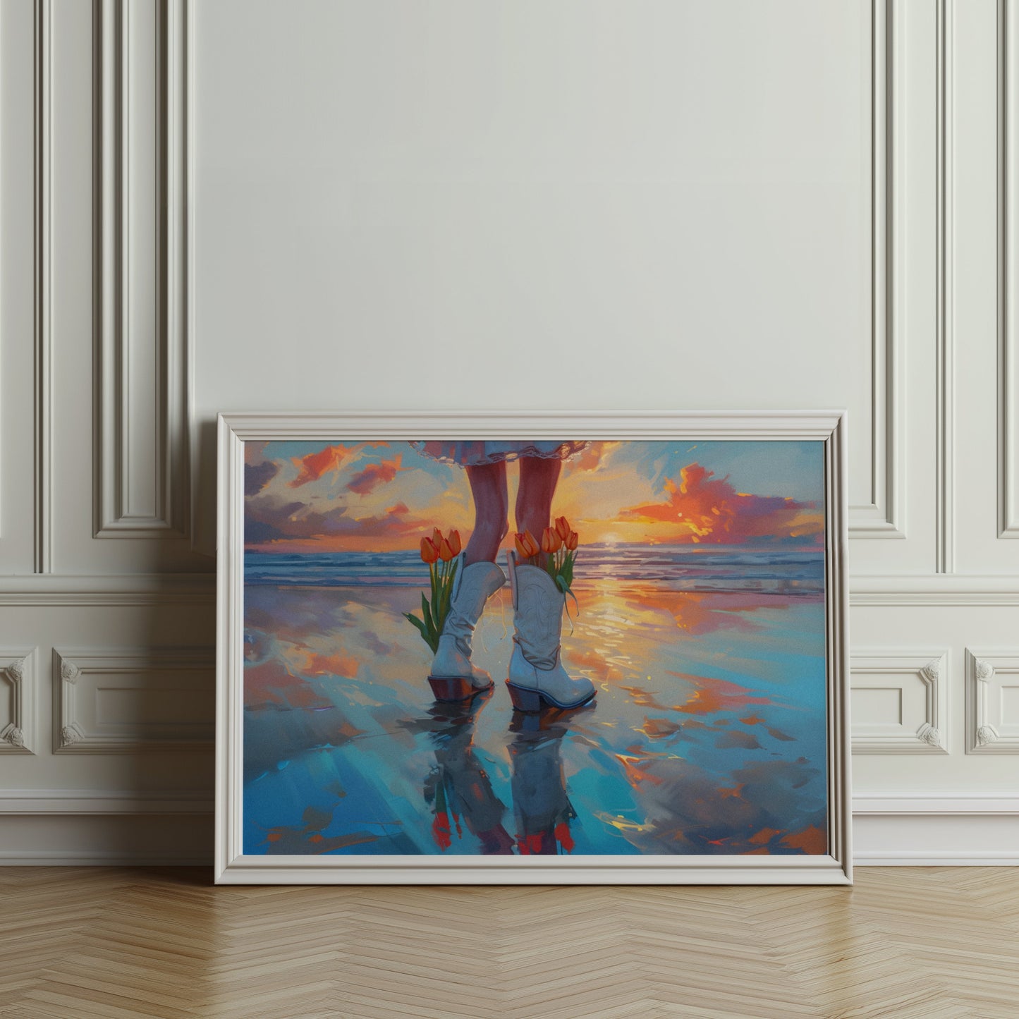 Premium Poster of Captivating Sunset Reflection with Tulips in Boots Posters
