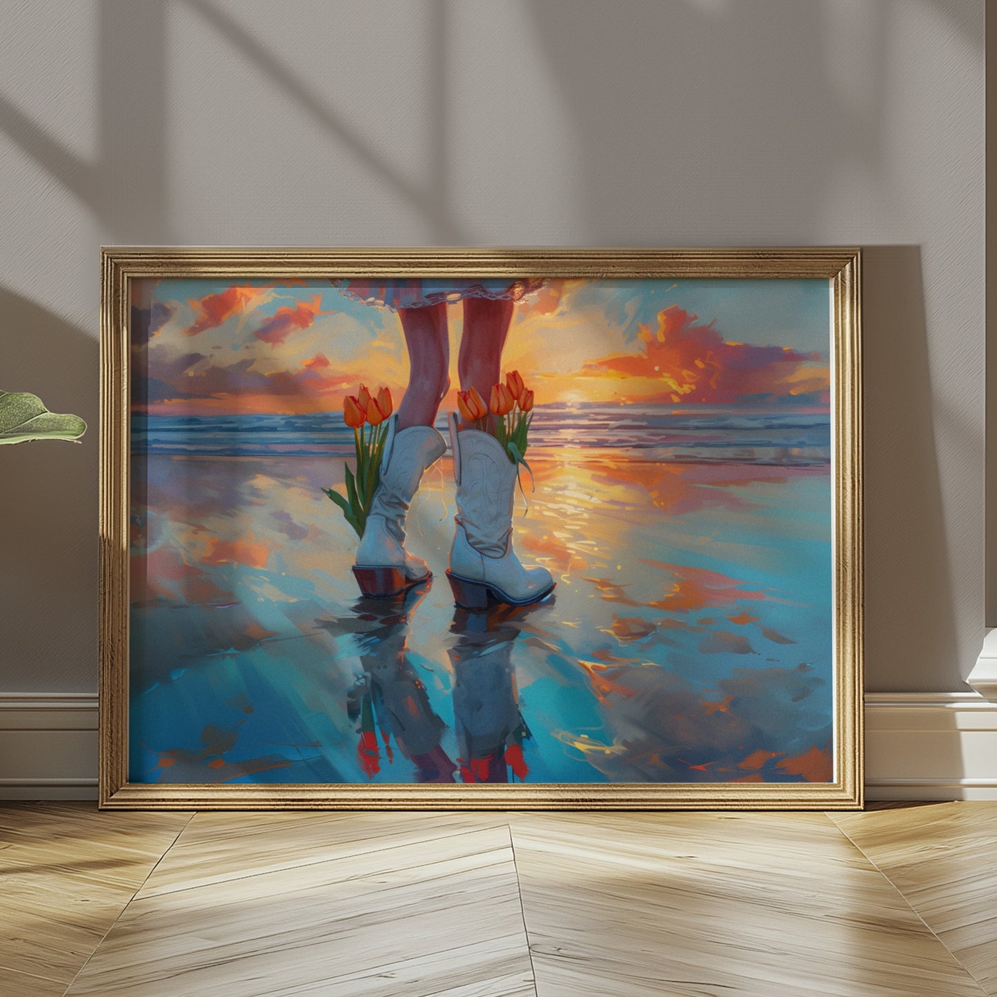 Premium Poster of Captivating Sunset Reflection with Tulips in Boots Posters
