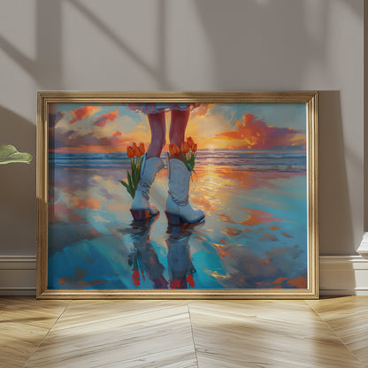 Premium Poster of Captivating Sunset Reflection with Tulips in Boots Posters