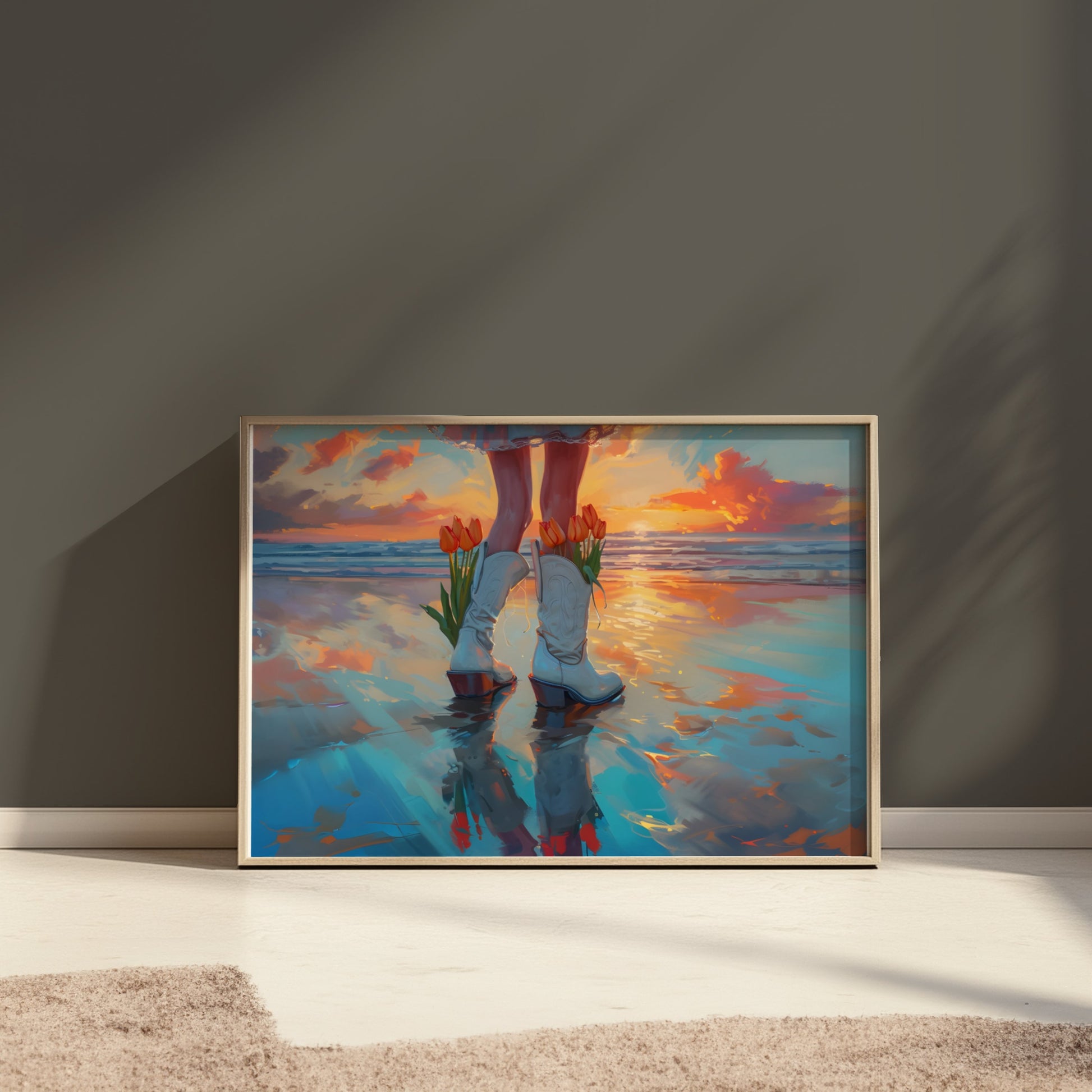 Premium Poster of Captivating Sunset Reflection with Tulips in Boots Posters
